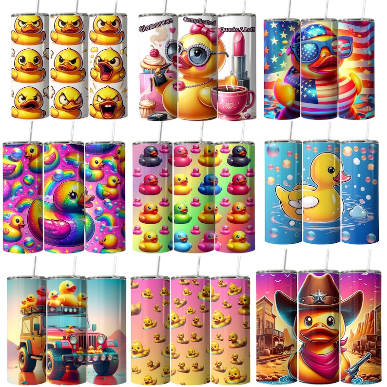 May include: Set of 12 colorful stainless steel tumblers with various designs. The designs include a rainbow with a unicorn, a jeep with rubber duckies, a yellow duck in a bathtub, a glamorous duck with a crown, a duck with an American flag, and a duck with a red, white, and blue design.