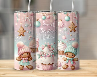 May include: Three stainless steel insulated tumblers with a Christmas theme. The design features gingerbread people, cupcakes, ornaments, and the text "Sweet Christmas Wishes" in a pastel color palette.