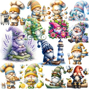 May include: A collection of whimsical gnome illustrations. Each gnome is depicted in various activities, including baking, gardening, and boating. The gnomes wear colorful hats and outfits, with detailed facial features and accessories. The overall theme is cheerful and decorative.