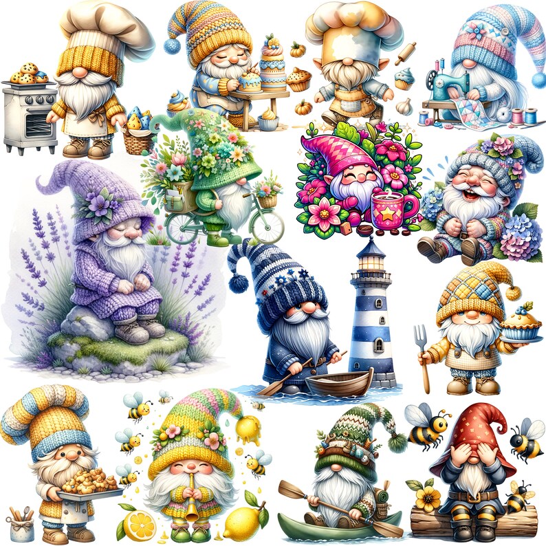 May include: A collection of whimsical gnome illustrations. Each gnome is depicted in various activities, including baking, gardening, and boating. The gnomes wear colorful hats and outfits, with detailed facial features and accessories. The overall theme is cheerful and decorative.
