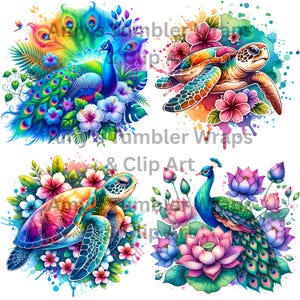 Pode incluir: Quatro ilustra&ccedil;&otilde;es digitais apresentando um pav&atilde;o e uma tartaruga marinha cercados por flores coloridas. O pav&atilde;o tem um corpo azul e verde vibrante com uma cauda arco-&iacute;ris. A tartaruga marinha tem uma carapa&ccedil;a colorida e est&aacute; cercada por flores rosa, brancas e amarelas. As ilustra&ccedil;&otilde;es est&atilde;o sobre um fundo branco com respingos de aquarela.