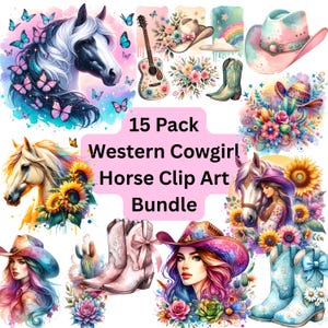 Western Horse Cowgirl Clip Art Bundle, 15 Pack, PNG Digital Download Sublimation Designs, T-Shirts, Tumblers, Stickers, Watercolor Pastels