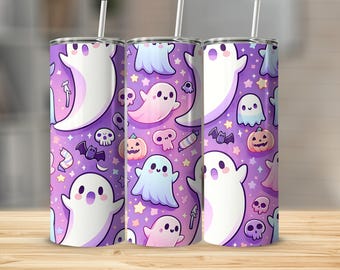 Halloween Kawaii Spooky Cute Ghost Tumbler Wrap, 20oz Skinny Design Sublimation, PNG Digital Download, Pastel Purple Pumpkins Tumbler PNG