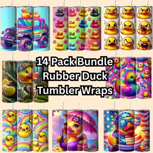 May include: 14 Pack Bundle Rubber Duck Tumbler Wraps.  A set of 14 different designs featuring rubber ducks in various settings, including a jeep, a rainbow, a beach, and an American flag.