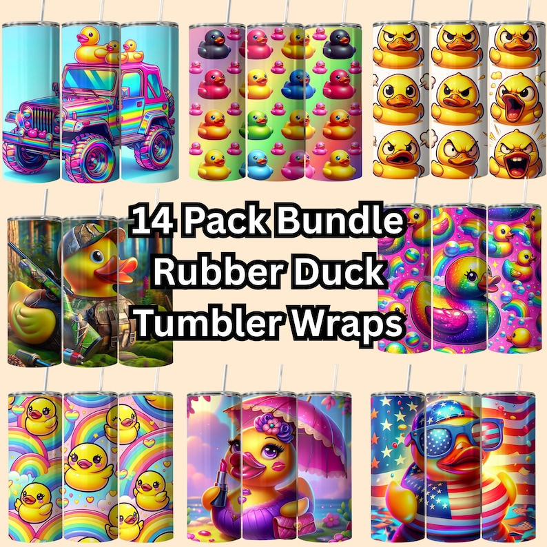May include: 14 Pack Bundle Rubber Duck Tumbler Wraps.  A set of 14 different designs featuring rubber ducks in various settings, including a jeep, a rainbow, a beach, and an American flag.