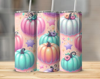 Pastel Glitter Pumpkins, Fall Harvest, Halloween Tumbler Wrap, 20oz Skinny Design Sublimation, PNG Digital Download, Seamless Tumbler Wrap