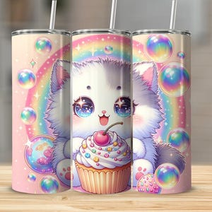 Rainbow Bubble Cat Tumbler Wraps, PNG Digital Download, Kawaii Japanese Sublimation, 20oz Skinny Tumblers, Cute Kitty Cupcake