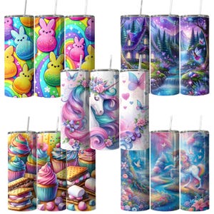 May include: A collection of colorful, insulated tumblers with various designs. Some feature Easter bunnies, unicorns, and fantasy landscapes. Others showcase cupcakes and desserts. Each tumbler has a silver lid and a straw.