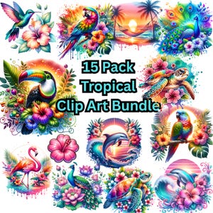Tropical clip art bundle with transparent backgrounds. Hummingbirds, parrots, dolphins, sea turtles, toucans, flamingos, flowers and more. Island vibes clip art for shirts, craft supplies making, glass jars, tumblers.