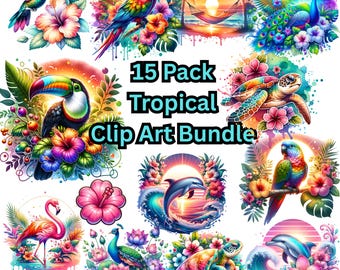 Floral Tropical Clip Art Bundle, 15 Pack Transparent Images for Sublimation, Parrots, Dolphins, Island Vibes PNG Digital Download Designs