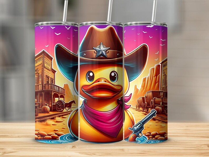 May include: A yellow rubber duck wearing a brown cowboy hat with a sheriff's star, a red bandana, and holding a silver pistol. The duck is standing in a desert scene with a saloon in the background.