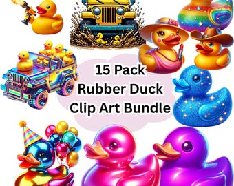 Rubber Duck Clip Art Bundle, 15 Pack PNG Digital Download Transparent Clip Art, Cute Rubber Ducky Sublimation Designs, T-Shirts, Tumblers