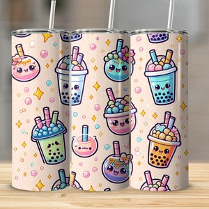Kawaii Boba Tea Tumbler Wrap, 20oz Skinny Design Sublimation, PNG Digital Download, Seamless Cute Anime Cartoon Tumbler Wrap