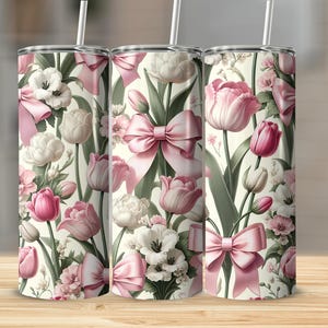 Spring Summer Coquette Bows and Flowers Tumbler Wrap, Pastel Tulips, 20oz Skinny Design Sublimation, PNG Digital Download, Seamless Wraps