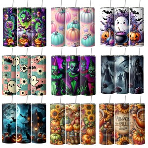 May include: A collection of Halloween-themed 20 oz. skinny tumblers. Designs include pumpkins, ghosts, clowns, scarecrows, and spooky scenes. Each tumbler features a stainless steel straw and a variety of vibrant colors, perfect for seasonal beverages.