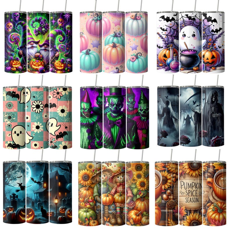 May include: A collection of Halloween-themed 20 oz. skinny tumblers. Designs include pumpkins, ghosts, clowns, scarecrows, and spooky scenes. Each tumbler features a stainless steel straw and a variety of vibrant colors, perfect for seasonal beverages.