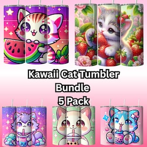 Cat Cute Tumbler Wrap Bundle, 20oz Skinny Design Sublimations, Kawaii Kitty, 5 Pack, PNG Digital Download, Seamless Anime