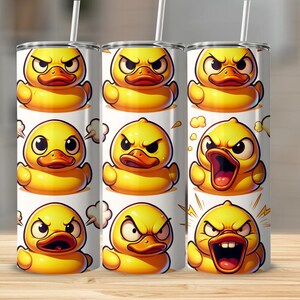 May include: A set of three stainless steel tumblers with a white background and a pattern of yellow rubber duckies with different facial expressions. The tumblers are all the same size and shape.
