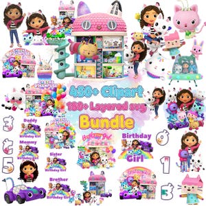 Può includere: Una collezione digitale di clipart e file SVG a strati di Gabby's Dollhouse con personaggi, la casa delle bambole, veicoli e grafiche a tema compleanno con il testo 450+ Clipart 180+ Layered svg Bundle, Birthday Girl, Daddy, Mommy, Sister e Brother.