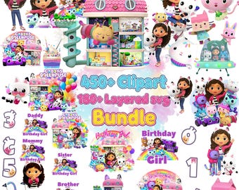 Gabbys Huge Dollhouse 450+ Cliparts PNG Bundle, 180+ Layered SVG, Cricut Files, Mercat DJ Catnip Carlita, Cakey, Baby Box, Gabby, Pandy Paws