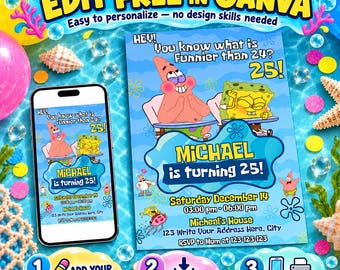 Editable Spongebob Birthday Invitation Template | Party Invitations | Printable Sponge bob invite | Digital Kids Invite | Instant Download