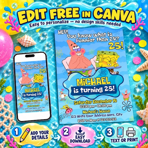 Editable Spongebob Birthday Invitation Template | Party Invitations | Printable Sponge bob invite | Digital Kids Invite | Instant Download
