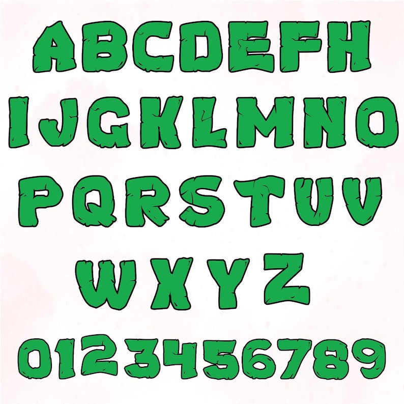 May include: Green alphabet letters and numbers in a bold, textured font. The letters A through Z and numbers 0 through 9 are displayed. The font has a rough, stone-like appearance, with a dark green color and black outlines.