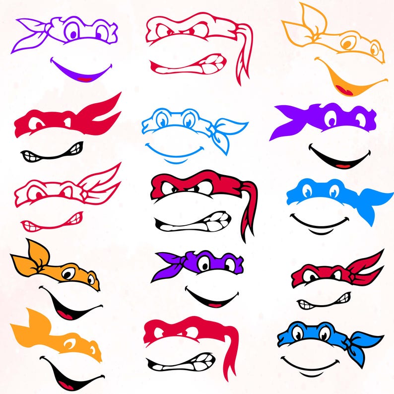 May include: A collection of cartoon faces, each with a distinct colored mask and a smiling or grimacing expression. The masks are in shades of purple, red, orange, blue, and yellow. The image features multiple variations of the same character.
