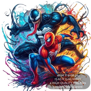 May include: A digital illustration of Spider-Man and Venom in a dynamic pose. The characters are surrounded by colorful splashes of paint, creating a vibrant and energetic scene. The image is high resolution and suitable for printing.