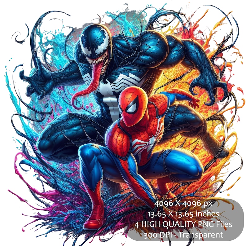 May include: A digital illustration of Spider-Man and Venom in a dynamic pose. The characters are surrounded by colorful splashes of paint, creating a vibrant and energetic scene. The image is high resolution and suitable for printing.