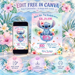 Könnte beinhalten: Eine digitale Geburtstagseinladungsvorlage mit einer blauen Alien-Figur, rosa Hibiskusblüten und tropischen Blättern. Der Text lautet: Join Us To Celebrate OLIVIA 8th Birthday, Saturday 20 October, 1102 2nd Ave, Chula Vista, CA 91911, RSVP To Mom.