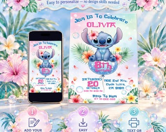 Editable Stitch Invitation, Custom Printable Stitch Party Invite Template, Stitch Birthday Invite, Digital Stitch Birthday Girl Canva Edit