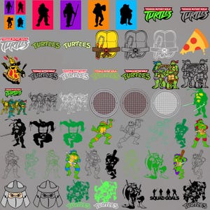 May include: A collection of Teenage Mutant Ninja Turtles graphics and logos. The image includes various character silhouettes, the word "Turtles" in different fonts, and images of pizza and manhole covers. The color palette includes green, orange, and purple.