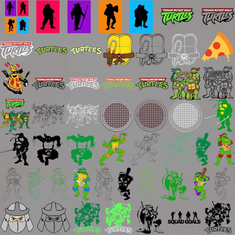 May include: A collection of Teenage Mutant Ninja Turtles graphics and logos. The image includes various character silhouettes, the word "Turtles" in different fonts, and images of pizza and manhole covers. The color palette includes green, orange, and purple.