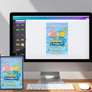 May include: A computer monitor and tablet displaying a birthday invitation featuring SpongeBob SquarePants and Patrick Star. The invitation reads "MICHAEL is turning 25!" in a blue and yellow color scheme.