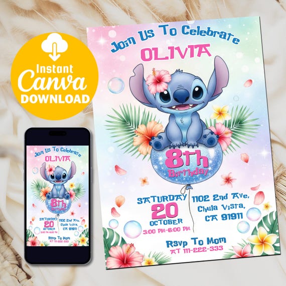 Editable Stitch Invitation, Custom Printable Stitch Party Invite Template, Stitch Birthday Invite, Digital Stitch Birthday Girl Canva Edit