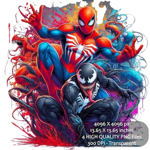 May include: A digital illustration of Spider-Man and Venom in a dynamic pose. The background features a colorful abstract design with splashes of red, blue, and yellow. The image is set against a white background.