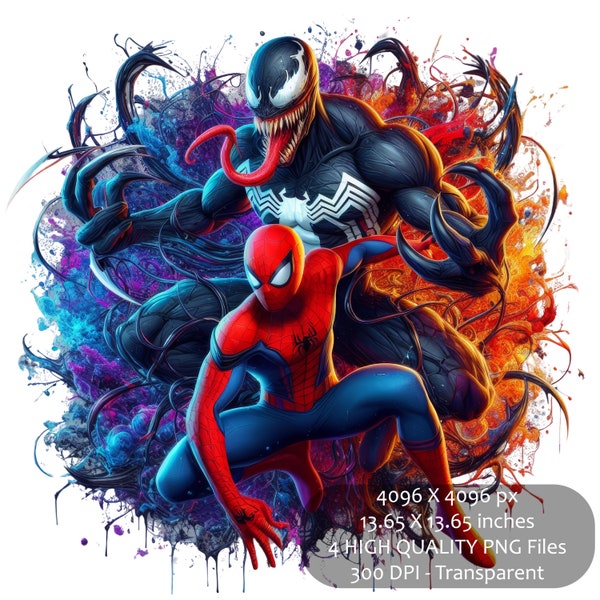 4 archivos PNG de sublimación de imágenes prediseñadas de Spiderman y Venom Splash and Watercolor / Alta resolución, fondo transparente / Descarga digital instantánea