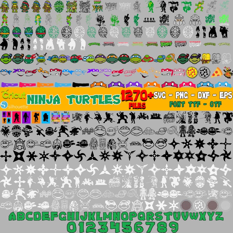 May include: A collection of Ninja Turtles-themed digital files in various formats, including SVG, PNG, DXF, and EPS. The image features multiple character designs, logos, and fonts, with the text "NINJA TURTLES 1270+ FILES".