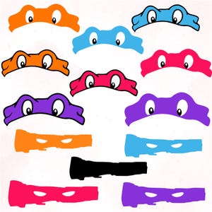 May include: A collection of colorful cartoon eye masks in orange, blue, pink, and purple, with white eyes. The masks are reminiscent of the Teenage Mutant Ninja Turtles. Additional masks are shown in orange, blue, black, pink, and purple.