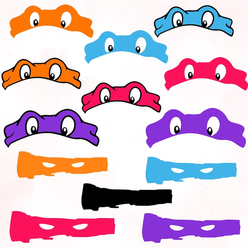 May include: A collection of colorful cartoon eye masks in orange, blue, pink, and purple, with white eyes. The masks are reminiscent of the Teenage Mutant Ninja Turtles. Additional masks are shown in orange, blue, black, pink, and purple.