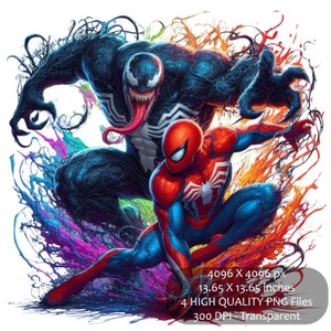 4 Spiderman & Venom Splash and Watercolor Clipart Sublimation PNG files | High Resolution, Transparent background | Instant Digital Download