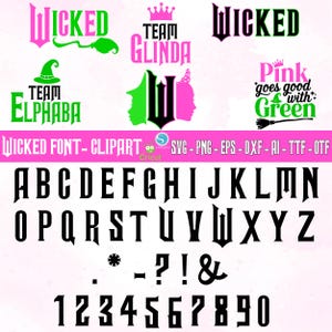 Benutzerdefinierte Wicked Schriftart und Clipart OTF TTF |  Hexenschrift | Buchstaben Zahlen | Musicle Schrift SVG | Team Glinda Elphaba Png geschnitten | Cricut Leinwand
