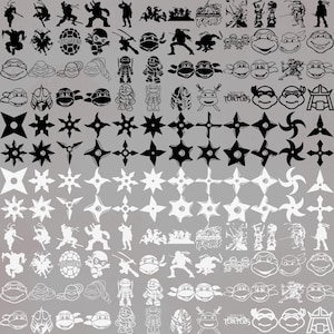May include: A collection of black and white Teenage Mutant Ninja Turtles-themed graphics. The image includes various character silhouettes, ninja stars, and the "Teenage Mutant Ninja Turtles" logo. The designs are suitable for crafting or digital art projects.