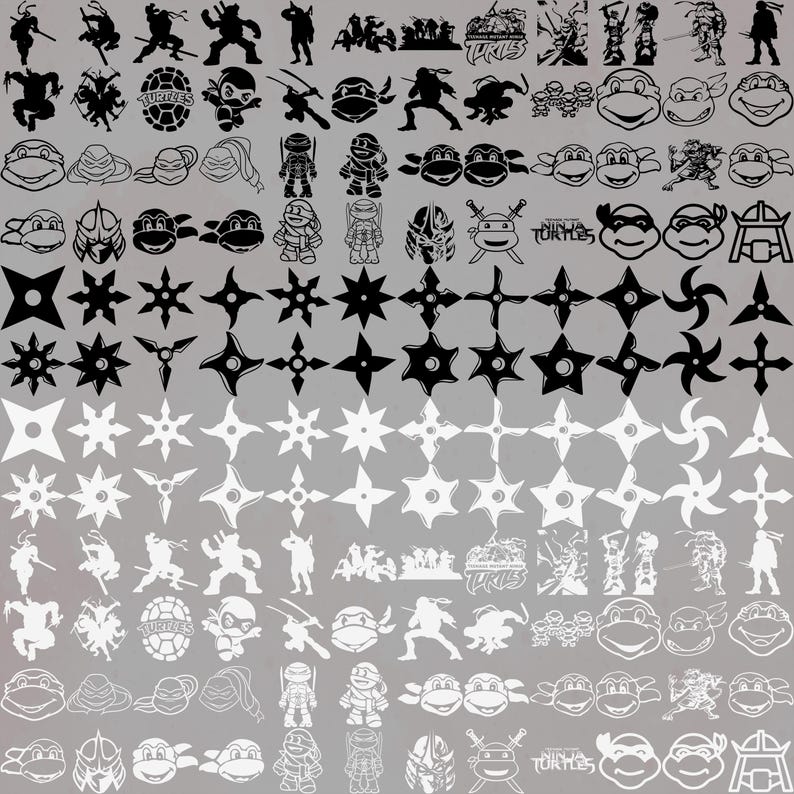 May include: A collection of black and white Teenage Mutant Ninja Turtles-themed graphics. The image includes various character silhouettes, ninja stars, and the "Teenage Mutant Ninja Turtles" logo. The designs are suitable for crafting or digital art projects.