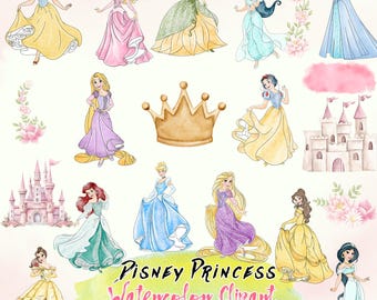 Watercolor Princess Clipart Bundle PNG, Cinderella png, Tiana, Belle, Diana, Aurora, Mermaid, Elsa png, Anna png, Watercolor PNG clipart
