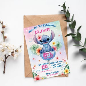 May include: A colorful invitation featuring the character Stitch from Lilo & Stitch, with the text "Join Us To Celebrate OLIVIA". The invitation is for an 8th birthday party, with the date, time, and location details. The invitation is on a brown envelope.