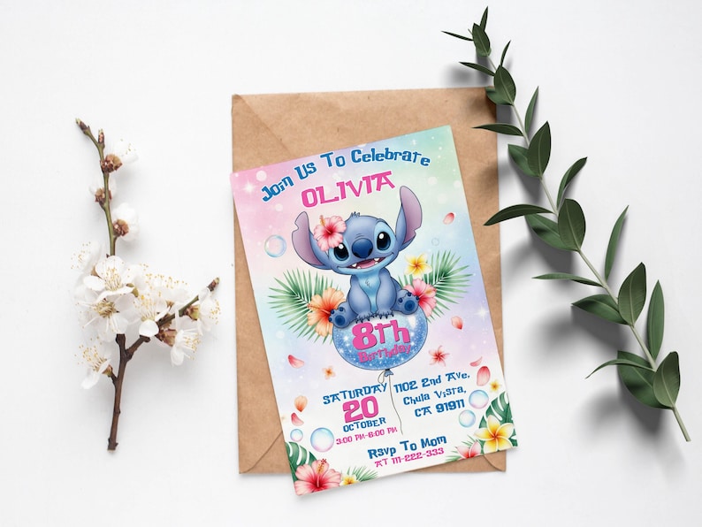 May include: A colorful invitation featuring the character Stitch from Lilo & Stitch, with the text "Join Us To Celebrate OLIVIA". The invitation is for an 8th birthday party, with the date, time, and location details. The invitation is on a brown envelope.
