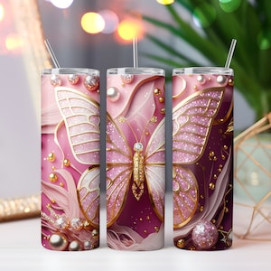 Papier d'emballage 3D en forme de papillon en or rose PNG | Gobelet papillon, 20 oz gobelet fin sublimation, beau cadeau pour maman | Téléchargement instantané PNG