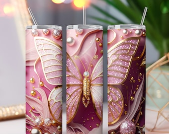 3D Pink Gold Butterfly PNG Tumbler Wrap | Butterfly Tumbler, 20 oz Skinny Tumbler Sublimation, Beautiful gift for mom | Instant Download PNG